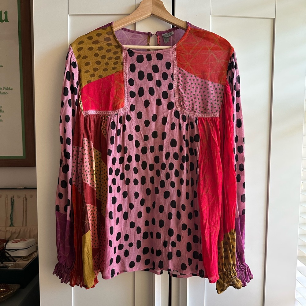 Anthropologie Pink Multi-Color Patchwork Polka Dot Blouse - Picture 3 of 7